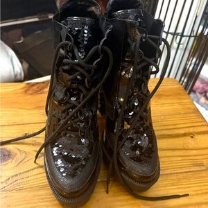 Black Sequin Lace-Up Women's Boots